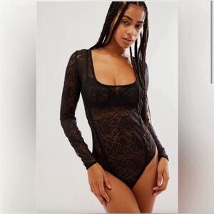 NWOT Free People In My Head Black Lace Long Sleeve Bodysuit